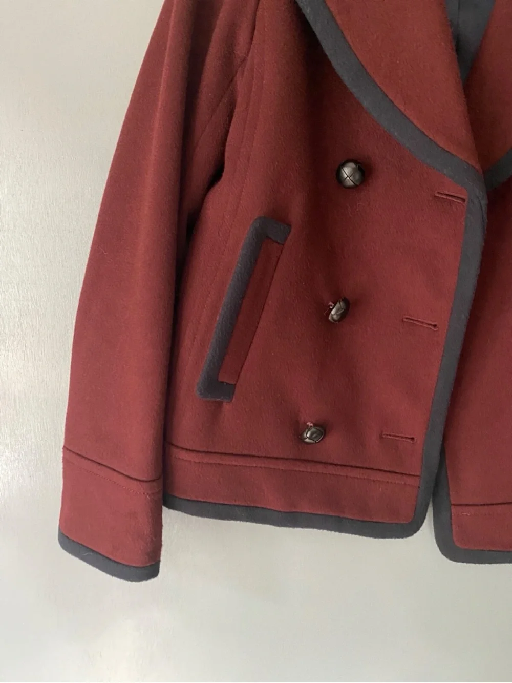 J. Crew Double-Breasted Burgundy Pea Coat with Black Trim Size 6 - Picture 5 of 5